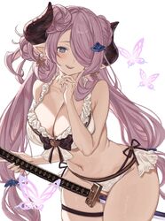  alternate_costume bikini blue_eyes blush breasts bug butterfly cowboy_shot earrings female glowing_butterfly granblue_fantasy hair_over_one_eye holding holding_sword holding_weapon horns hoshido1214 jewelry katana large_breasts long_hair looking_at_viewer narmaya_(granblue_fantasy) narmaya_(summer)_(granblue_fantasy) navel pointy_ears purple_hair simple_background smile solo swimsuit sword teeth upper_teeth_only weapon white_background white_bikini 