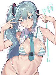  aqua_bikini aqua_eyes aqua_hair aqua_nails aqua_necktie aqua_trim bare_arms bare_shoulders between_breasts bikini breasts bright_pupils closed_mouth collar_bikini_miku_(meme) collared_shirt commentary_request contrapposto cowboy_shot double_inward_v double_v female hair_intakes hair_ornament hands_up hatsune_miku hatsune_miku_(noodle_stopper) headset highres inward_v long_hair looking_at_viewer meme miku_miku_beaaaam!!_(meme) multicolored_bikini multicolored_clothes nail_polish navel necktie necktie_between_breasts official_alternate_hairstyle shiny_skin shirt side_ponytail sidelocks sidetail_miku_noodle_stopper_(meme) simple_background skindentation solo star-shaped_pupils star_(symbol) swimsuit symbol-shaped_pupils too_many_memes toriniku29 two-tone_bikini v v-shaped_eyebrows vocaloid white_background white_pupils white_shirt 