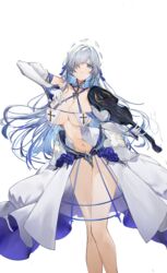  absurdres azur_lane bare_shoulders blue_eyes blue_hair blue_ribbon breast_curtains breasts brennus_(azur_lane) center_opening chinese_commentary cleavage collarbone commentary_request cross detached_sleeves dress female flantia gloves hair_ornament hair_over_one_eye hair_ribbon halo halo_behind_head highres holding holding_instrument holding_violin instrument large_breasts long_hair looking_at_viewer multicolored_hair navel parted_lips puffy_detached_sleeves puffy_sleeves revealing_clothes ribbon see-through see-through_dress sidelocks solo standing stomach two-tone_hair very_long_hair violin white_dress white_gloves white_hair white_sleeves 