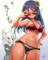  2girls alice_gear_aegis animal_print bikini blue_eyes blue_hair breasts crossed_arms doyouwantto flower hair_flower hair_ornament leopard_print long_hair looking_at_another looking_at_viewer medium_breasts momoshina_fumika multiple_girls navel one_eye_closed smile sunglasses swimsuit tan v yorozuba_meika 