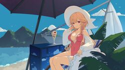  absurdres azur_lane bare_shoulders beach_chair beach_umbrella blue_sky breasts bridal_garter center_opening cleavage cloud collarbone commentary covered_navel female frilled_innertube frilled_one-piece_swimsuit frills hat highleg highleg_swimsuit highres large_breasts long_hair long_sleeves looking_at_viewer official_alternate_costume one-piece_swimsuit orange_hair outdoors parfait ping_zhong_yu pink_one-piece_swimsuit red_eyes richelieu_(azur_lane) richelieu_(fleuron_of_the_waves)_(azur_lane) side-tie_swimsuit sitting sky solo summer sun_hat swimsuit umbrella white_hat white_innertube white_sleeves 