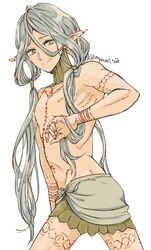  1boy arm_tattoo chest_tattoo cowboy_shot dungeon_meshi elf gorget green_eyes grey_hair hair_around_ear hair_tubes hand_up highres long_hair low_twintails lycion male_focus nipples notched_ear pointy_ears sarasa_misa simple_background sleeveless solo tattoo topless_male tunic twintails white_background 