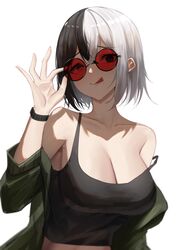  :q absurdres adjusting_eyewear bare_shoulders black_hair black_tank_top breasts cleavage collarbone crop_top female green_jacket hand_up highres jacket kakuma large_breasts looking_at_viewer midriff mole mole_under_mouth multicolored_hair original red-tinted_eyewear short_hair simple_background solo split-color_hair strap_slip sunglasses tank_top tinted_eyewear tongue tongue_out upper_body white_background white_hair 