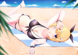  :p anklet astoria_(azur_lane) azur_lane barefoot beach beach_towel bikini black_bikini black_ribbon blonde_hair blurry blurry_background blush bracelet breasts collarbone depth_of_field female front-tie_bikini_top front-tie_top hair_ornament hair_ribbon hairclip halterneck highres jewelry koko_sokodoko looking_at_viewer lying medium_breasts navel on_side one_eye_closed purple_eyes ribbon sand side-tie_bikini_bottom swimsuit thigh_strap tongue tongue_out towel 