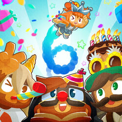  6 admiral_brickell anniversary anthro birthday birthday_cake bloons_tower_defense cake clothing dessert etienne_(bloons) female food geraldo group haplorhine hat headgear headwear male male/female mammal monkey ninja_kiwi official_art party_hat primate rosalia_(bloons) unknown_artist 