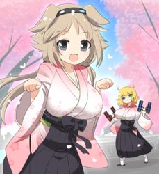  :3 black_footwear black_hairband black_skirt blonde_hair blue_eyes blue_sky blush breasts cherry_tree clear_sky closed_mouth commentary_request cowboy_shot day flower full_body green_eyes hairband hakama hakama_skirt heterochromia highres hip_vent holding ibuki_(senran_kagura) japanese_clothes kimono large_breasts lets0020 light_brown_hair long_hair looking_at_viewer medium_bangs open_mouth outdoors paw_pose pink_flower pink_kimono ryouna_(senran_kagura) sandals senran_kagura short_hair skirt sky smile socks tabi tree white_socks zouri 