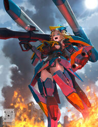  arm_shield armor armored_boots bazooka_(gundam) beam_cannon black_leotard blonde_hair boots breasts building calamity_gundam commentary_request day embers english_commentary feet_out_of_frame female fire floating_hair green_eyes gundam gundam_seed headgear highres holding holding_weapon humanization large_breasts laughing leotard looking_at_viewer mecha_musume medium_hair mixed-language_commentary open_mouth outdoors paid_reward_available qr_code ruins shoulder_cannon slit_pupils smoke solo standing sun teeth tom-neko_(zamudo_akiyuki) tongue twitter_username upper_teeth_only v-fin weapon 