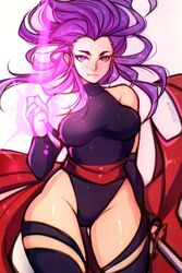  5-ish_(crevettavt) animification bridal_gauntlets energy_blade female halter_leotard halterneck highleg highleg_leotard highres impossible_clothes impossible_leotard leotard marvel psylocke purple_eyes purple_hair red_sash sash smile superhero_costume waist_sash x-men 