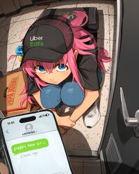  absurdres ambiguous_red_liquid baseball_cap black_hat black_shirt blood_on_ground blue_eyes bocchi_the_rock! cellphone door doorway empty_eyes female fisheye gotoh_hitori hat highres hugging_own_legs insulated_delivery_bag khyle. long_hair looking_at_viewer loose_hair_strand open_door papa_john&#039;s phone pink_hair pizza_box pizza_delivery pov pov_doorway pov_hands shadow shirt shoes short_sleeves smartphone sneakers solo_focus squatting text_messaging tile_floor tiles uber_eats very_long_hair white_footwear 