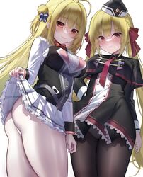  &gt;:) 2girls absurdres ahoge arihara_nanami arm_at_side ass black_capelet black_dress black_hat black_pantyhose blonde_hair blue_bow blunt_bangs blush bow bowtie braid breasts bright_pupils capelet center_frills chinese_commentary closed_mouth clothes_lift commentary_request cowboy_shot crossover curvy double_bun dress eyelashes eyes_visible_through_hair fingernails floating_clothes frilled_dress frilled_skirt frills garrison_cap hair_bun hair_ribbon hairbow hamidashi_creative hand_on_own_hip hand_up hat highres impossible_clothes izumi_hiyori jihua_tong large_breasts lifting_own_clothes long_hair long_sleeves look-alike low_twintails miniskirt multiple_girls necktie panties panties_under_pantyhose panty_peek pantyhose pleated_skirt red_bow red_bowtie red_eyes red_necktie red_ribbon ribbon riddle_joker school_uniform seductive_smile shirt side-by-side side_braid simple_background skirt skirt_lift smile straight_hair thighs trait_connection tsurime twintails two_side_up underwear v-shaped_eyebrows very_long_hair white_background white_panties white_shirt white_skirt 