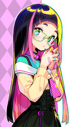  aqua_bodysuit ascot bandaid bandaid_on_hand black_hair black_skirt blue_eyes blunt_bangs bodysuit checkered_ascot checkered_clothes collar female glasses green-framed_eyewear heart jewelry long_hair long_sleeves looking_at_viewer multicolored_hair multicolored_nails nail_polish necktie onono_imoko original pink_collar pink_hair pink_necktie ring sailor_collar simple_background skirt solo suspender_skirt suspenders upper_body 