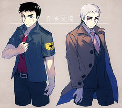  2boys belt belt_buckle black_hair black_jacket black_pants brown_coat buckle buttons closed_mouth coat commentary_request cosplay costume_switch half-closed_eyes hozu_(hozumi) jacket looker_(pokemon) looker_(pokemon)_(cosplay) looking_at_viewer male_focus multiple_boys nanu_(pokemon) nanu_(pokemon)_(cosplay) necktie pants pink_necktie pokemon pokemon_dppt pokemon_sm red_eyes shirt short_hair short_sleeves sweatdrop translation_request white_hair white_shirt 