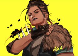  absurdres apex_legends artist_name black_gloves black_lips blue_jacket brown_eyes brown_hair earrings fingerless_gloves fur_trim gloves highres jacket jewelry mad_maggie_(apex_legends) myka parted_lips portrait scowl shoulder_spikes spiked_gloves spikes tied_hair yellow_background 