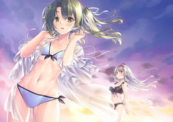  2girls alt_text bikini black_bikini blue_bikini breasts brown_eyes cloud commentary_request cowboy_shot dark_green_hair frilled_bikini frills front-tie_top gradient_sky green_eyes grey_hair hairband kantai_collection large_breasts looking_at_viewer minakami_nagara multiple_girls orange_sky red_hairband see-through shoukaku_(kancolle) sky small_breasts standing sunset swimsuit twintails zuikaku_(kancolle) 