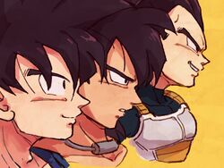  3boys armor black_eyes black_hair blue_bodysuit bodysuit broly_(dragon_ball_super) close-up closed_mouth collar collarbone commentary_request cropped_shoulders dragon_ball dragon_ball_super dragon_ball_super_broly dragon_ball_z expressionless from_side frown grin highres lineup looking_afar male_focus metal_collar multiple_boys parted_lips profile simple_background smile son_goku spiked_hair tkgsize vegeta yellow_background 