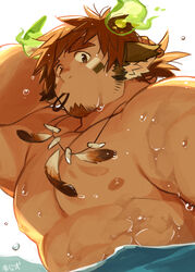  1boy abs animal_ears bara brown_eyes brown_hair cow_boy cow_ears cow_horns dark-skinned_male dark_skin facial_hair feather_necklace fiery_horns forked_eyebrows from_below glowing_horns goatee hair_tie_in_mouth highres horns jewelry kuro_nezumi_inu large_pectorals long_sideburns male_focus mouth_hold muscular muscular_male necklace nipples nude partially_submerged pectorals short_hair sideburns sideburns_stubble solo spiked_hair stomach stubble thick_eyebrows tokyo_afterschool_summoners tying_hair upper_body wakan_tanka wet wet_hair 