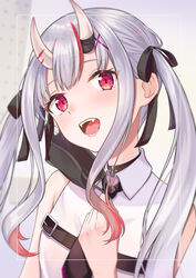  absurdres bare_shoulders black_collar black_necktie breasts chest_belt collar collared_shirt fangs female gradient_hair grey_hair hair_ornament hair_ribbon hairclip highres hololive horns light_blush long_hair looking_at_viewer mask mask_pull mouth_mask multicolored_hair nakiri_ayame nakiri_ayame_(streetwear) necktie oerba_yun_fang oni open_mouth red_eyes red_hair rgrey00 ribbon shirt skin-covered_horns sleeveless sleeveless_shirt small_breasts solo streaked_hair twintails virtual_youtuber white_shirt x_hair_ornament 