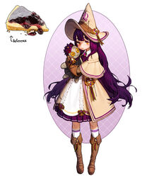  absurdres blueberry boots brown_footwear brown_gloves brown_hat cheesecake collared_dress dress female food fruit gloves hat highres holding holding_stuffed_toy long_hair long_sleeves looking_at_viewer original oval_background personification purple_hair reference_inset rinotuna shadow socks solo stuffed_toy very_long_hair witch_hat yellow_eyes 