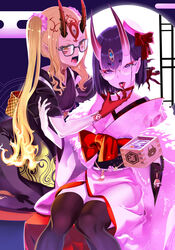  2girls absurdres alcohol bespectacled black-framed_eyewear character_doll claws commentary_request craft_essence_(fate) egasumi facial_mark fangs fate/grand_order fate_(series) fingernails forehead_mark glasses highres horns ibaraki_douji_(dress_for_demons)_(fate) ibaraki_douji_(fate) japanese_clothes kimono masu multiple_girls official_art oni pointy_ears purple_hair purple_kimono rimless_eyewear round_eyewear sakata_kintoki_(fate) sake shaka_p sharp_fingernails short_hair shuten_douji_(dress_for_demons)_(fate) shuten_douji_(fate) skin-covered_horns tattoo twintails yellow_eyes yellow_kimono 