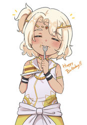  :t bare_shoulders blonde_hair cake cake_slice circlet closed_eyes closed_mouth commentary dress eating facing_viewer female food food_on_face fork happy_birthday highres holding holding_fork holding_plate maha5 one_side_up parted_bangs plate rutorifuki simple_background sleeveless sleeveless_dress solo sweatband thick_eyebrows utensil_in_mouth virtual_youtuber white_background white_dress wristband zen_gunawan 