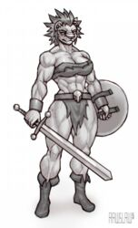  2023 5_fingers abs absurd_res anthro athletic athletic_anthro athletic_female big_breasts boots bottomwear breasts cleavage clothed clothing felid female fingers footwear fur hi_res humanoid_hands leo_(red_earth) lion loincloth mammal mane melee_weapon mtf_crossgender muscular muscular_anthro muscular_female navel pantherine pecs pecs_with_breasts rawslaw5 red_earth rule_63 shield solo standing sword weapon 