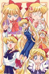  :d :t ^_^ aino_minako alternate_costume anger_vein animal annoyed apron arm_behind_back arm_up artemis_(sailor_moon) bishoujo_senshi_sailor_moon bishoujo_senshi_sailor_moon_stars blonde_hair blue_eyes blue_overalls blue_sailor_collar blue_skirt blush_stickers bow bowtie closed_eyes closed_mouth commentary_request crescent crescent_facial_mark dress enmaided facial_mark feline female flying_sweatdrops forehead_mark frilled_apron frills grin hairbow hand_on_own_hip hand_up happy highres index_finger_raised juuban_high_school_uniform long_hair long_sleeves looking_at_another looking_at_viewer maid multiple_views official_style open_mouth orange_dress overalls own_hands_clasped own_hands_together pleated_skirt pout red_bow red_bowtie sailor_collar school_uniform serafuku shirt skirt smile sparkle suzuki_(2red_moon3) tamegai_katsumi_(style) turn_pale very_long_hair white_apron white_cat white_shirt 