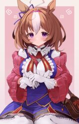  absurdres ahoge animal_ears bag between_breasts blush breasts brown_hair commentary_request female hair_ornament headband highres horse_ears horse_girl jacket large_breasts meisho_doto_(umamusume) misonikomi purple_eyes simple_background sitting solo thighhighs umamusume wariza 