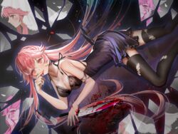  black_dress black_ribbon black_thighhighs blood blood_on_weapon blood_splatter breasts cleavage collarbone dress female floating_hair garter_straps gasai_yuno grey_ribbon hair_between_eyes hair_ribbon haitu highres holding holding_knife knife long_hair looking_at_viewer medium_breasts mirai_nikki parted_lips pink_eyes pink_hair ribbon short_dress sleeveless sleeveless_dress solo thighhighs torn_clothes torn_thighhighs twintails very_long_hair weapon zettai_ryouiki 