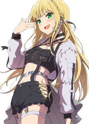  :d ayano_yuu_(sonma_1426) blonde_hair braid breast_pocket breasts collarbone criss-cross_halter crop_top cross-laced_clothes cross-laced_shorts female frilled_shorts frills garter_straps green_eyes halterneck hand_up highres ichinose_rei idol idoly_pride long_hair looking_at_viewer midriff open_mouth pocket ribbon_braid short_shorts shorts shrug_(clothing) signature simple_background smile solo stomach sweat thigh_strap white_background white_garter_straps white_shrug 