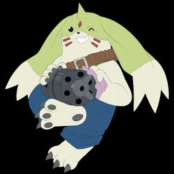  1:1 2022 achromatic anthro bandai_namco bottomwear cleaning_rag clothing denim denim_bottomwear denim_clothing digimon digimon_(species) gargomon grin gun_arm hi_res horn jeans lagomorph leporid long_ears looking_at_viewer male mammal one_eye_closed pants pawpads rabbit shirtless smile solo wink 