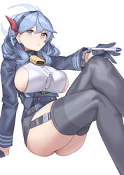  :o absurdres ako_(blue_archive) ass bad_id bad_pixiv_id bell black_gloves black_skirt blue_archive blue_coat blue_eyes blue_hair blue_hairband breasts coat cowbell earrings female foreshortening garter_straps gloves hair_between_eyes hairband half_gloves halo highres holding holding_pen jewelry large_breasts leash long_hair looking_at_viewer miniskirt mung_(larnec) neck_bell open_mouth pen red_ribbon ribbon sideboob sideless_outfit sideless_shirt simple_background sitting skirt solo stud_earrings thighhighs white_background 