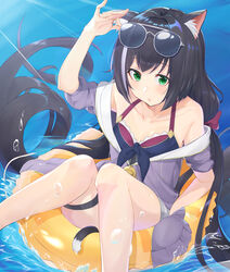  adjusting_eyewear afloat animal_ear_fluff animal_ears black_hair blush cat_ears cat_girl cat_tail closed_mouth collarbone eyewear_on_head feet_out_of_frame female from_above green_eyes highres innertube karyl_(princess_connect!) karyl_(summer)_(princess_connect!) long_hair multicolored_hair ocean off_shoulder princess_connect! shimon_(31426784) single_bare_leg sitting solo streaked_hair sunglasses swim_ring swimsuit tail thigh_strap unworn_eyewear very_long_hair water water_drop 