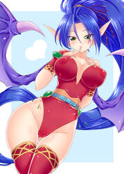  :p blue_background blue_hair blush border breasts breath_of_fire breath_of_fire_ii cleavage covered_nipples dragon_girl dragon_wings female green_eyes hair_between_eyes hands_up heart highres large_breasts leotard licking licking_finger long_hair looking_at_viewer monster_girl outside_border patty_the_phantom_thief pointy_ears ponytail red_leotard smile solo thighhighs tongue tongue_out very_long_hair white_border wings yakisoba_(kaz2113) 