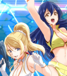  2girls :d arm_strap armpits ayase_eli blonde_hair blue_eyes blue_hair breasts cleavage collarbone company_connection cosplay crop_top dirty_pair earrings floating_hair gloves gun hair_between_eyes hair_ornament hair_scrunchie handgun high_ponytail holding holding_gun holding_weapon jewelry kei_(dirty_pair) kei_(dirty_pair)_(cosplay) long_hair looking_at_viewer love_live! love_live!_school_idol_project micro_shorts midriff multiple_girls navel scrunchie shorts small_breasts smile sonoda_umi stomach sunrise_(company) urutsu_sahari very_long_hair weapon white_gloves white_scrunchie yellow_eyes yellow_shorts yuri_(dirty_pair) yuri_(dirty_pair)_(cosplay) 