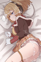  bad_id bad_pixiv_id blonde_hair blue_eyes brown_jacket bukkake cum cum_on_ass cum_on_clothes cum_on_hair cumdrip facial female headphones highres jacket long_sleeves lying megido72 on_bed on_side panties parted_lips pillow ponytail shax_(megido72) sleep_molestation solo_focus sumiyao_(amam) underwear waking_up white_panties 