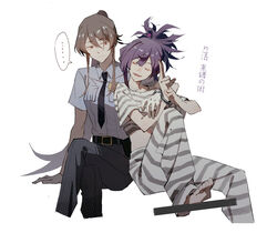  2girls alternate_costume arm_around_shoulder bare_arms barefoot belt black_pants breasts brown_eyes brown_hair closed_eyes cuffs die_(die0118) frown gloves hair_between_eyes handcuffs highres jigokuraku long_hair medium_breasts multiple_girls necktie open_mouth pants police police_badge police_uniform policewoman ponytail prison_clothes prisoner purple_hair serious shirt short_sleeves simple_background sitting smile speech_bubble striped_clothes striped_shirt uniform white_background yamada_asaemon_sagiri yuzuriha_(jigokuraku) 