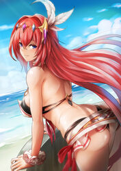  alexiel_(summer)_(granblue_fantasy) ass bare_shoulders beach bikini black_bikini blue_eyes day feather_hair_ornament feathers female godsworn_alexiel granblue_fantasy hair_intakes hair_ornament horizon long_hair looking_back outdoors red_hair scrunchie sky solo sowel_(sk3) swimsuit water 