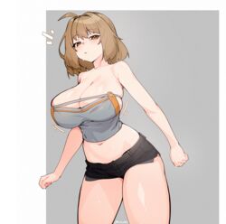  :&lt; ahoge anis_(nikke) artist_name bare_arms bare_shoulders black_pants black_shorts blush bouncing_breasts breasts brown_eyes brown_hair cleavage closed_mouth crop_top female goddess_of_victory:_nikke grey_background large_breasts looking_at_viewer midriff navel pants short_hair short_shorts shorts sleeveless solo stomach thighs tilt-shift_(azalanz) two-tone_background white_background 