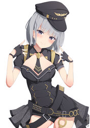  absurdres black_gloves black_hat black_necktie black_shirt black_shorts black_sleeves blunt_bangs blush breasts buckle cleavage closed_mouth contrapposto cowboy_shot female fingerless_gloves gloves grey_eyes grey_hair hat highres idoly_pride kana_(idoly_pride) large_breasts legs_apart long_hair long_sleeves necktie raised_eyebrows rj_edward_(artist) shirt shorts shrug_(clothing) sidelocks simple_background smile solo strapless strapless_shirt thighs white_background 