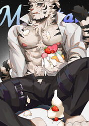  1boy :q abs absurdres alternate_muscle_size alternate_pectoral_size animal_ears arknights bara belt_buckle buckle cake come_hither doufujintianxianle facial_hair food food_on_body food_on_face food_on_pectorals furry furry_male goatee high_ponytail highres holding holding_cake holding_food large_pectorals leg_belt looking_at_viewer male_focus mountain_(arknights) mountain_(book_reader)_(arknights) muscular muscular_male neck_fur nipples official_alternate_costume open_fly pants pectorals pubic_hair pubic_hair_peek scar scar_across_eye seductive_smile short_hair smile solo stomach strawberry_shortcake thick_eyebrows thick_thighs thighs tiger_boy tiger_ears tongue tongue_out white_hair 