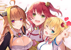  3girls ahoge akai_haato akai_haato_(1st_costume) akanebi bell blonde_hair blue_eyes bow breasts cleavage closed_mouth diagonal-striped_bow diagonal_stripes dragon_girl fang_out green_eyes hair_bell hair_between_eyes hair_ornament hairclip heart hololive horns kiryu_coco kiryu_coco_(1st_costume) large_breasts long_hair looking_at_viewer multicolored_eyes multicolored_hair multiple_girls nail_polish oerba_yun_fang open_mouth orange_hair pink_hair pointy_ears purple_eyes red_nails sakura_miko sakura_miko_(1st_costume) sidelocks streaked_hair striped striped_bow teeth upper_teeth_only virtual_youtuber w x_hair_ornament 