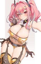  absurdres areola_slip armpits azur_lane belt bikini blush breasts bremerton_(azur_lane) brown_belt brown_gloves cleavage commentary ear_piercing eyepatch_bikini female fingerless_gloves fingernails fringe_trim gloves gold_bikini green_nails grey_background grey_hair groin hair_between_eyes hair_intakes hair_ornament hairclip highres huge_breasts lips long_fingernails looking_at_viewer md5_mismatch mole mole_on_breast mole_under_eye multicolored_hair nail_polish navel navel_piercing official_alternate_costume official_alternate_hairstyle ok_sign piercing print_bikini reaching reaching_towards_viewer red_eyes red_hair sheriff shirt smile solo ssr_(azmr2828) star_(symbol) star_ornament star_print stomach streaked_hair swimsuit symbol-only_commentary teeth thighhighs thighs tied_shirt twintails two-tone_hair white_background white_shirt yellow_thighhighs 