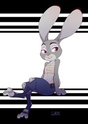  2019 3_toes anthro bottomwear chest_wraps claws clothed clothing curling_toes disney feet female flat_chested fur grey_body grey_fur gunmouth judy_hopps lagomorph leporid mammal navel pants pink_nose purple_eyes rabbit scut_tail short_tail simple_background sitting smile solo spread_toes tail toes wraps zootopia 