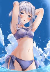  :o absurdres armpits arms_up bikini blue_sky blush breasts chunithm cloud commentary_request cowboy_shot day female grey_eyes highres kisaragi_yaya kobotoke_nagi lens_flare looking_at_viewer navel open_mouth outdoors sky small_breasts solo standing swimsuit teeth upper_teeth_only water wet white_hair 