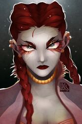  animification apex_legends artist_logo braid breasts cleavage colored_skin cracked_skin ear_piercing english_commentary eyeshadow female gold_choker grey_eyes grey_skin hair_behind_ear highres jacket lila_(lilakeylk) loba_(apex_legends) looking_at_viewer makeup piercing portrait red_eyeshadow red_hair solo twin_braids v-shaped_eyebrows victorian_vixen_loba white_jacket 