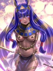  animal_ears armlet armor arms_behind_back belly_chain blonde_hair breasts commentary_request dark-skinned_female dark_skin earrings egyptian egyptian_clothes facepaint facial_mark fate/grand_order fate_(series) female gyoza_(pi512126) hairband highres hoop_earrings jackal_ears jewelry long_hair looking_at_viewer low-tied_long_hair medium_breasts multicolored_hair navel nitocris_(fate) nitocris_(third_ascension)_(fate) open_mouth partial_commentary pasties pauldrons pelvic_curtain purple_eyes purple_hair revealing_clothes shoulder_armor sidelocks smile solo staff thighlet usekh_collar very_long_hair 