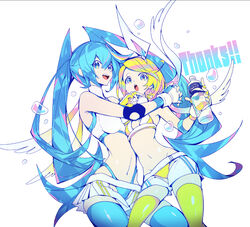  2girls bare_shoulders blonde_hair blue_eyes blue_hair bottle bow clothing_cutout commentary crotch_cutout crotchless_shorts elbow_pads full_body gloves hairbow hands_up hatsune_miku holding holding_bottle hug kagamine_rin long_hair looking_at_viewer manbou_no_ane midriff milestone_celebration multiple_girls navel no_shirt open_mouth partially_fingerless_gloves pocari_sweat product_placement revealing_clothes ring_no_seraph_(vocaloid) short_hair shorts smile sports_bra stomach thank_you thighhighs twintails very_long_hair vocaloid water_drop white_background white_bow white_gloves white_shorts white_sports_bra wings wrestling_outfit 