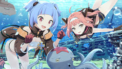  2girls :d ahoge air_bubble asymmetrical_sleeves azur_lane bare_shoulders bikini black_one-piece_swimsuit blue_hair blunt_bangs blush breasts brown_gloves brown_jacket bubble cleavage commentary_request cross fish freediving gloves gotyou hair_ornament hairband iron_cross jacket light_rays loading_screen long_hair looking_at_animal multicolored_hair multiple_girls octopus official_art one-piece_swimsuit open_clothes open_jacket open_mouth pink_hair purple_hair red_eyes red_footwear red_gloves rudder_footwear shipwreck short_hair short_twintails sidelocks single_sleeve small_breasts smile starfish stomach strapless strapless_bikini submarine swimming swimsuit twintails two-tone_gloves two-tone_hair two_side_up u-556_(azur_lane) u-81_(azur_lane) underboob underwater uneven_sleeves watercraft white_bikini yellow_eyes yellow_gloves 