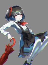  ascot black_footwear black_hair black_skirt blush chromatic_aberration closed_mouth collared_shirt colored_skin commentary cookie_(touhou) female full_body hair_ribbon high_heels highres holding holding_umbrella johnnyyyyy long_sleeves looking_at_viewer red_ascot red_eyes red_ribbon ribbon shirt side_ponytail simple_background siyudi_(cookie) skirt solo suspender_skirt suspenders umbrella white_shirt white_skin 