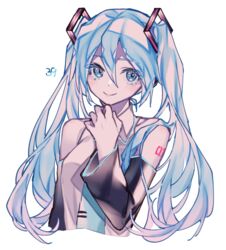  39 arm_tattoo bad_id bad_pixiv_id bare_shoulders blue_eyes blue_hair commentary cropped_torso detached_sleeves female hair_between_eyes hair_ornament hatsune_miku light_blush looking_to_the_side puchipuchi smile solo tattoo twintails upper_body vocaloid white_background 